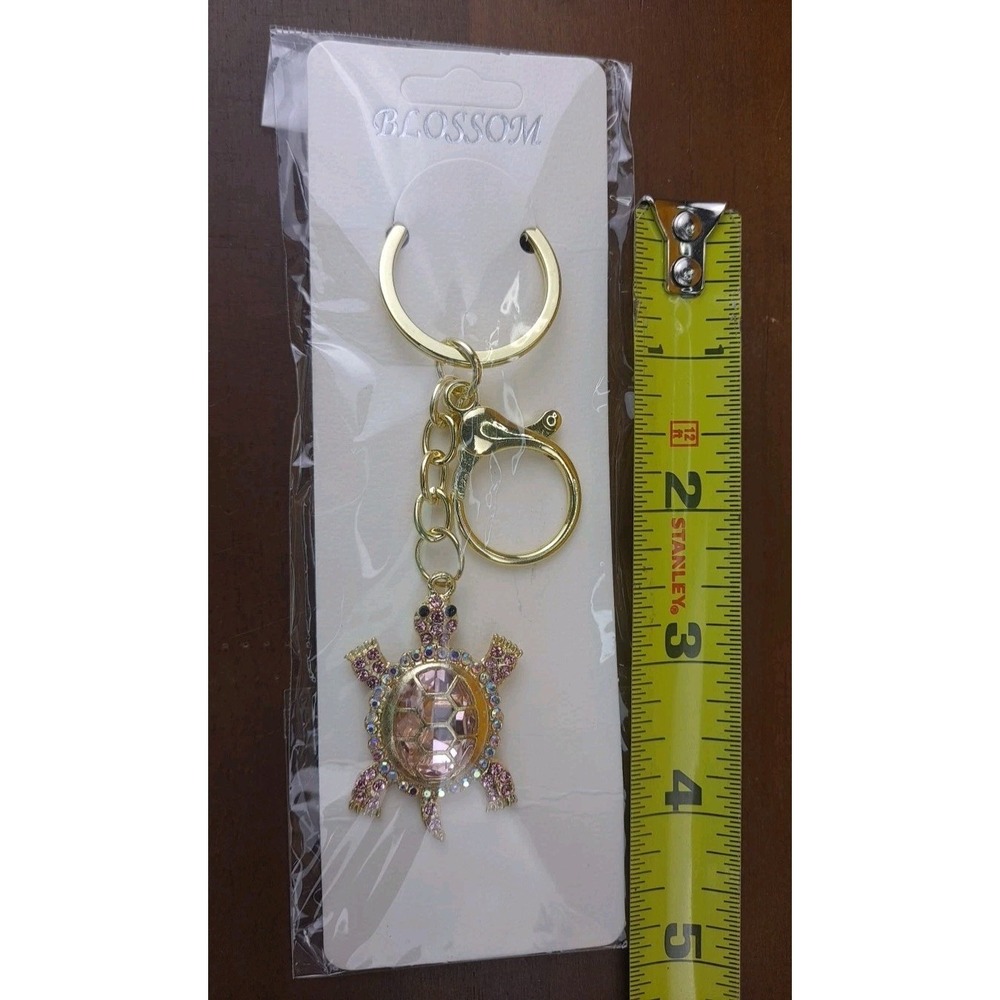 Turtle Pink Rhinestone Crystal Gold Tone Keychain Backpack Purse Clip - Picture 3 of 5